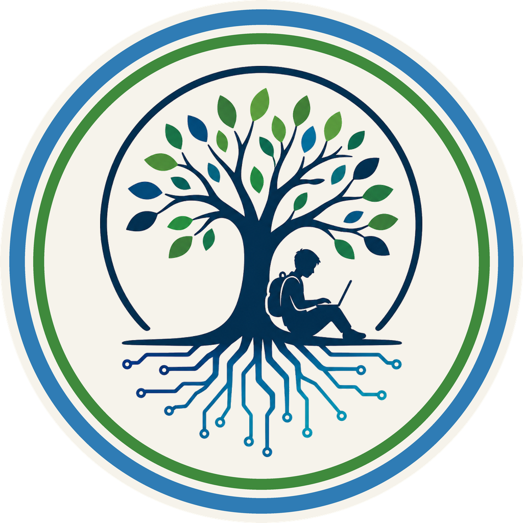 Still In Charge emblem: a tree with circuit-board roots and a student reading beneath it