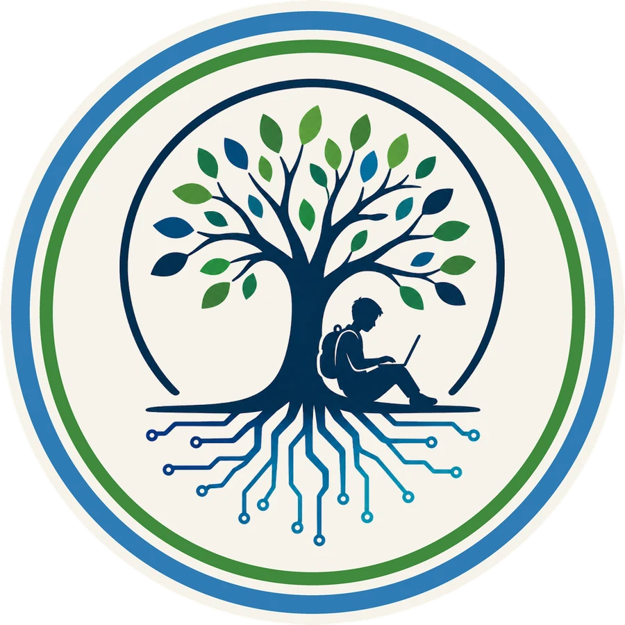 Still In Charge emblem: a tree with circuit-board roots and a student reading beneath it